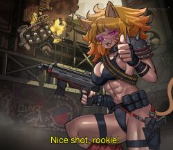 1girl abs ammunition_pouch animal_ears bandolier belt bikini cat_ears cat_girl cat_tail choker cityscape collar dominion_(manga) drone english_text ezzydraws facial_mark fangs fingerless_gloves fire flying gloves graffiti gun handgun highres looking_at_viewer muscular muscular_female orange_hair original pink-tinted_eyewear pink_eyes pouch sharp_teeth shoulder_spikes smile spikes submachine_gun sunglasses swimsuit tail teeth thumbs_up tinted_eyewear toned toned_female weapon whisker_markings