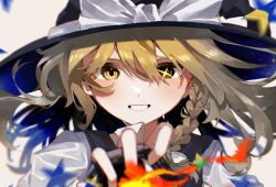 Rule 34 | 1girl, absurdres, black vest, blonde hair, bow, braid, close-up, fire, gleam, grin, hair bow, hat, highres, kirisame marisa, looking at viewer, mini-hakkero, momomo twi, shirt, single braid, smile, solo, star (symbol), starry hair, touhou, vest, white background, white bow, white shirt, witch hat, yellow eyes
