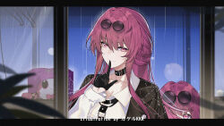2girls age_difference aged_down artist_name black_choker black_gloves black_jacket choker collarbone commentary_request critter_pick_(honkai:_star_rail) eyewear_on_head finger_to_mouth glasses gloves honkai:_star_rail honkai_(series) index_finger_raised jacket kafka_(honkai:_star_rail) letterboxed long_hair long_sleeves looking_at_viewer multiple_girls pince-nez purple_eyes purple_hair rain round_eyewear shirt shushing srpzk sunglasses time_paradox upper_body white_shirt