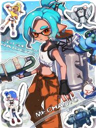 Rule 34 | 1boy, absurdres, arm up, big man (splatoon), big man (splatoon raiders), black gloves, blonde hair, blue hair, clenched hand, closed eyes, commentary, copyright name, crop top, earrings, fingerless gloves, fish hook earrings, fishing rod, frye (splatoon), frye (splatoon raiders), gloves, hair over one eye, hand on own hip, highres, holding, holding fishing rod, holding weapon, inkling, jewelry, male focus, mechanic (splatoon raiders), medium hair, midriff, navel, nintendo, octoling, official alternate costume, orange eyes, orange pants, outline, pants, pointy ears, purple hair, red eyes, shiratoripica, shiver (splatoon), shiver (splatoon raiders), single earring, solo, splatoon (series), splatoon raiders, tentacle hair, thick eyebrows, topknot, weapon, white outline
