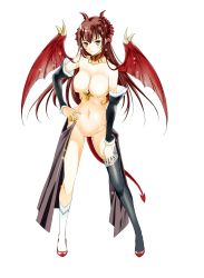 1girl bare_shoulders black_gloves black_legwear breasts brown_hair demon_girl demon_horns demon_wings detached_sleeves elbow_gloves female_focus full_body gloves highres horns jewelry lirshana long_hair looking_at_viewer maou_no_hajimekata medium_breasts moonsorrow navel nipples no_panties simple_background solo standing white_background wings yellow_eyes