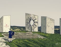 1girl architecture bag black_shoes blonde_hair blue_jacket blue_skirt concrete cyrillic duffel_bag grass grey_sky hammer_and_sickle hands_on_headphones hands_on_own_head headphones jacket kadinjaca_fighters_workers_battalion_monument loafers monument mountain mountainous_horizon original outdoors russian_text scenery school_uniform serbia shoes skirt sky socks solo statue translated wuyuu yugoslavia