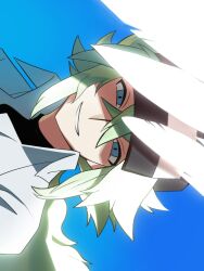 Rule 34 | 1boy, baseball cap, black hat, blue background, green eyes, green hair, hat, highres, long hair, n (pokemon), nintendo, pokemon, pokemon bw, shirt, simple background, solo, upper body, white shirt, zero (sleepy meltan)
