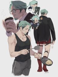 &gt;_&lt; bare_shoulders beanie black-framed_eyewear black_hair black_shirt black_tank_top blue_hair challia_bull character_request collarbone collared_shirt commentary cropped_legs cup curtained_hair disposable_coffee_cup disposable_cup english_commentary facial_hair frying_pan glasses goatee grey_jacket grey_pants gundam gundam_gquuuuuux hands_on_own_knees hat heart highres holding holding_cup holding_frying_pan holding_spatula jacket layered_sleeves legwear_garter long_sleeves looking_back male_focus male_underwear multicolored_hair multiple_views mustache pants red_male_underwear red_socks shirt shoes short_sideburns socks solo_focus spatula suit_jacket tank_top two-tone_hair underwear white_shoes worvies
