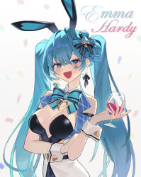 Rule 34 | 1girl, absurdres, alcohol, animal ears, arm under breasts, bare shoulders, black leotard, black survival, blue bow, blue eyes, blue hair, bow, bowtie, breasts, character name, cup, detached collar, drinking glass, earrings, emma hardy, enjjyang-it, eternal return: black survival, facial mark, fake animal ears, hair bow, highres, holding, holding cup, jewelry, large breasts, leotard, long hair, looking at viewer, official alternate costume, open mouth, playboy bunny, rabbit ears, solo, spade (shape), spade facial mark, strapless, strapless leotard, tailcoat, twintails, very long hair, vest, white vest, wine, wine glass, wing collar
