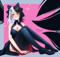 1girl absurdres alternate_costume artist_name black_dress black_hair black_nails black_thighhighs breasts cleavage cleavage_cutout closed_mouth clothing_cutout dragon_plush_(139305) dress highres hololive hololive_english knees_up lace lace-trimmed_thighhighs lace_trim large_breasts long_hair looking_at_viewer multicolored_hair on_ground shiori_novella smile solo split-color_hair thighhighs two-tone_hair virtual_youtuber watermark white_hair yellow_eyes
