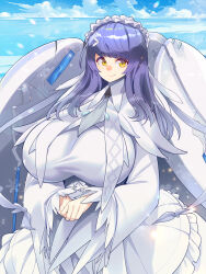 Rule 34 | 1girl, blue hair, blue sky, blush, breasts, cloud, cloudy sky, day, dress, frilled dress, frills, hair ornament, hairclip, highres, horizon, huge breasts, impossible clothes, impossible dress, last origin, light particles, long sleeves, looking at viewer, maid headdress, mantle, mechanical wings, medium hair, nipples, ocean, outdoors, short dress, sky, smile, snow feather (last origin), snowflakes, solo, standing, transparent background, umigarasu (kitsune1963), water, white dress, wings, yellow eyes