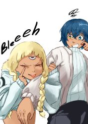 Rule 34 | 1boy, 1girl, alfdavinchi, alternate costume, aqua hoodie, black pants, blonde hair, blue eyes, blue hair, blush, braid, casual, closed eyes, commentary, contemporary, dark-skinned female, dark-skinned male, dark skin, english commentary, english text, eupha (metaphor: refantazio), heterochromia, highres, hood, hoodie, locked arms, long hair, metaphor: refantazio, pants, protagonist (metaphor: refantazio), purple eyes, ribbed sweater, short hair, signature, simple background, smile, sweater, third eye, tongue, tongue out, turtleneck, turtleneck sweater, twin braids, white background, white sweater, yellow eyes