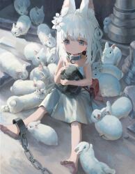 1girl absurdres animal animal_ears bag barefoot cat_ears cat_girl chain child collar commentary_request cuffs doubutsunoujyou dress extra_ears feet highres looking_at_viewer original petting rabbit revision shackles short_hair sitting soles strap_slip sundress toes too_many too_many_rabbits white_dress white_hair