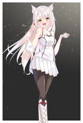 1girl animal_ear_fluff animal_ears artist_name asymmetrical_bangs black_background black_pantyhose blush boots border cat_ears cat_girl commentary_request fangs fingerless_gloves gloves hair_between_eyes highres long_hair looking_at_viewer mio_(xenoblade) official_alternate_hairstyle open_mouth outside_border pantyhose pleated_skirt reaching reaching_towards_viewer revvie skirt solo standing white_boots white_border white_gloves white_skirt xenoblade_chronicles_(series) xenoblade_chronicles_3 yellow_eyes