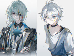 2boys absurdres anaxa_(honkai:_star_rail) black_jacket blue_eyes chain closed_mouth collarbone eyepatch highres honkai:_star_rail honkai_(series) jacket looking_at_viewer male_focus medium_hair multiple_boys one_eye_covered phainon_(honkai:_star_rail) pink_pupils shirt short_hair thorn72132528 upper_body white_background white_shirt yellow_pupils