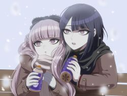 bottle brother_and_sister gloves highres holding holding_bottle long_sleeves matching_hair/eyes open_mouth pink_eyes pink_hair purple_hair scarf siblings snow snowing the_hundred_line_-last_defense_academy- tsukumo_ima tsukumo_kako twins upper_body white_gloves winter_clothes