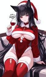1girl animal_ears artist_name black_hair breasts commentary_request covered_navel cup fox_ears fox_girl hat highres holding holding_cup hoshimi_miyabi large_breasts leotard long_hair looking_at_viewer red_hat red_leotard red_sweater red_thighhighs santa_hat santa_leotard sitting solo sweater thighhighs thighs underboob very_long_hair zenless_zone_zero zhaohua