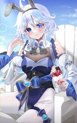 1girl absurdres ahoge alternate_costume animal_ears aqua_hair armchair ascot black_ascot blue_eyes blue_sky chair cloud cloudy_sky commentary_request cup detached_collar detached_sleeves drop-shaped_pupils emduck fake_animal_ears food furina_(genshin_impact) genshin_impact hair_between_eyes heterochromia highres holding holding_cup holding_spoon jewelry leotard long_hair long_sleeves looking_at_viewer low_twintails mismatched_pupils multicolored_hair nontraditional_miko outdoors pantyhose parfait playboy_bunny rabbit_ears sidelocks sitting sky solo spoon streaked_hair sweat symbol-shaped_pupils thighlet twintails two-tone_hair vision_(genshin_impact) wavy_hair white_pantyhose
