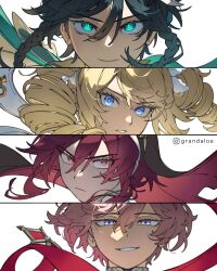 2boys 2girls artist_name barbara_(genshin_impact) black_hair black_veil blonde_hair blue_eyes braid cape closed_mouth collared_cape column_lineup commentary dahlia_(genshin_impact) drill_hair english_commentary eyelashes floating_hair frown genshin_impact gradient_hair grandaloe green_cape green_eyes hair_between_eyes highres instagram_logo instagram_username long_hair looking_at_viewer medium_hair multicolored_hair multiple_boys multiple_girls nun parted_lips pink_hair purple_hair red_cape red_eyes rosaria_(genshin_impact) serious short_hair side_braids simple_background smile smirk twin_braids twin_drills upper_body v-shaped_eyebrows veil venti_(genshin_impact) white_background