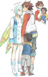 1girl 2boys ankle_boots aqua_hair barefoot black_hair blush boots brown_hair buttons choker closed_eyes dark-skinned_male dark_skin disappointed double-breasted double-parted_bangs dress eureka_(eureka_seven) eureka_seven eureka_seven_(series) full_body hair_between_eyes highres hug hugging_another&#039;s_leg imagining jacket kiss kissing_forehead knee_boots linck long_sleeves multicolored_jacket multiple_boys one_eye_closed pants pants_rolled_up purple_eyes renton_thurston rueisi_(namezari) scar shirt short_dress short_hair short_sleeves shorts simple_background standing t-shirt thigh_strap tiptoes two-tone_dress two-tone_jacket waist_bag white_background white_footwear wings