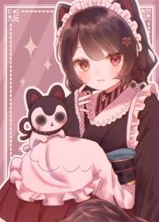 1girl animal_ears apron banken_(inui_toko) black_hair cat cat_ears closed_mouth heterochromia highres inset_border inui_toko inui_toko_(1st_costume) looking_at_viewer maid maid_headdress mi_oxo_9m nijisanji short_hair sitting striped_background virtual_youtuber wa_maid white_apron