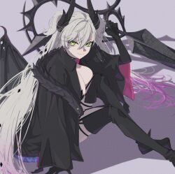 1girl anianiani0607 black_cloak black_hands black_thighhighs breasts choker cleavage cloak colored_extremities crossed_bangs demon_girl demon_horns demon_wings ear_piercing fate/grand_order fate_(series) green_eyes grey_hair hair_between_eyes highres horns large_breasts lilith_(fate) lilith_(second_ascension)_(fate) long_hair looking_at_viewer piercing pointy_ears scissors sitting smile solo thighhighs thighs twintails very_long_hair wings