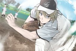 1girl baseball_cap baseball_glove baseball_stadium baseball_uniform blonde_hair blue_eyes blurry blurry_background closed_mouth dust glowing glowing_eye hat highres light_trail looking_at_viewer major major_2nd mayumura_michiru minaka_shobu motion_lines outdoors pitching pitching_mound playing_sports short_hair solo sportswear