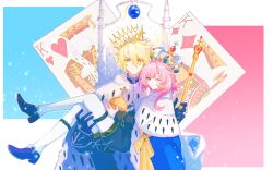 1boy 1girl ;) absurdres black_gloves black_shoes blonde_hair blue_eyes cane cape card carrying chinese_commentary commentary_request couple crown cyrene_(honkai:_star_rail) eucalyptus-household fur-trimmed_cape fur_trim gloves hetero highres holding holding_cane honkai:_star_rail honkai_(series) king_(playing_card) king_of_diamonds king_of_hearts_(playing_card) medium_hair one_eye_closed pantyhose phainon_(honkai:_star_rail) pink_hair princess_carry shoes smile white_hair white_pantyhose yellow_eyes