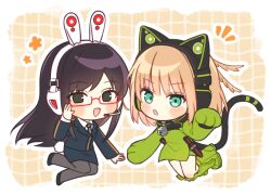 2girls animal_ear_headphones animal_ears bell black_eyes black_hair black_jacket black_skirt blonde_hair blue_eyes boots border_operator_uniform_(world_trigger) cat_ear_headphones chibi fake_animal_ears full_body glasses green_boots green_jacket hand_up headphones jacket konami_kirie long_sleeves looking_at_viewer multiple_girls namauni_moku neck_bell open_mouth rabbit_ear_headphones red-framed_eyewear skirt smile usami_shiori world_trigger