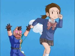 1boy 1girl animated arms_up blue_sweater brown_hair chasing cloud collared_shirt day disgust heart heart-shaped_pupils kinniku_mantarou kinnikuman looking_at_viewer lowres miniskirt neck_ribbon nikaidou_rinko_(kinnikuman) outdoors plaid_clothes plaid_skirt pleated_skirt ponytail ribbon running school_uniform shirt shoes skirt sky smile socks sweater symbol-shaped_pupils tagme thick_lips ultimate_muscle video white_legwear