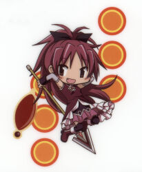 Rule 34 | 1girl, absurdres, bare shoulders, black bow, boots, bow, chibi, circle, dress, fang, gloves, hair bow, highres, holding, holding polearm, holding weapon, long hair, magical girl, mahou shoujo madoka magica, non-web source, official art, polearm, ponytail, red dress, red eyes, red hair, sakura kyoko, sakura kyoko (magical girl), scan, skirt, smile, soul gem, spear, thighhighs, weapon, white background