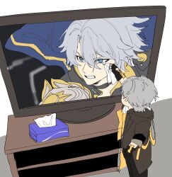 2boys aged_down arm_up armor black_choker black_coat black_gloves black_pants blue_cape blue_eyes caelus_(honkai:_star_rail) cape child choker coat crying crying_with_eyes_open fingerless_gloves floating_cape gloves grey_hair hair_between_eyes handkerchief highres holding holding_handkerchief honkai:_star_rail honkai_(series) hood hooded_coat lapels long_sleeves looking_to_the_side male_focus meme multiple_boys pants phainon_(honkai:_star_rail) shirt short_hair shoulder_armor souen_senri symbol-shaped_pupils t-shirt tears teeth television tissue_box trailblazer_(honkai:_star_rail) two-sided_coat two-sided_fabric v-shaped_eyebrows white_shirt yellow_coat