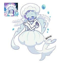 Rule 34 | 1girl, closed eyes, closed mouth, cookie run, cookie run: kingdom, dress, frilled jellyfish cookie, frills, full body, gloves, hat, jellyfish girl, juliet sleeves, long hair, long sleeves, michelin (p0lo09), puffy sleeves, simple background, smile, very long hair, white background, white dress, white gloves, white hair, white hat