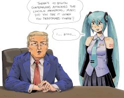 1boy 1girl absurdres american_flag aqua_necktie bare_shoulders black_skirt black_sleeves blue_hair blue_suit blush chair desk detached_sleeves donald_trump english_text formal_clothes green_eyes grey_shirt hand_on_table hatsune_miku heidi_(heytherenrds) high_collar highres long_hair looking_at_another looking_to_the_side necktie open_mouth pleated_skirt real_life red_necktie shirt simple_background skirt sleeveless sleeveless_shirt speech_bubble suit teeth twintails upper_teeth_only vocaloid white_background white_shirt