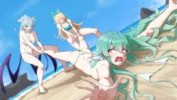 3girls absurdres aqua_eyes aqua_nails ass beach bikini blonde_hair blue_hair blue_sky blush bow breasts butt_crack cleavage closed_eyes commentary daydarion dimples_of_venus dragging elira_pendora english_commentary finana_ryugu fins green_bikini green_hair hair_bow hair_over_one_eye head_fins head_wings high_ponytail highres large_breasts lazulight long_hair low_wings medium_breasts multiple_girls navel nijisanji nijisanji_en no_bra pomu_rainpuff ponytail purple_eyes ribs sky swimsuit tearing_up unworn_bikini_top virtual_youtuber wardrobe_malfunction white_bikini wings