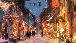 5others arch blue_sky building city clothesline dkaism footprints from_behind full_body glowing hat lantern market_stall multiple_others original painterly paper_lantern plant scenery sign silhouette sky trellis walking