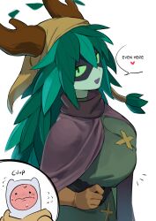 1boy 1girl absurdres adventure_time blush breasts cape colored_skin commentary domino_mask english_commentary english_text finn_the_human flustered flying_sweatdrops gloves green_eyes green_hair green_skin green_tunic hair_branch heart highres hood hood_up hoodie horns horns_through_headwear huntress_wizard large_breasts leaf long_hair looking_at_viewer mask nia_(nia4294) open_mouth plant_hair simple_background smile speech_bubble tunic white_background