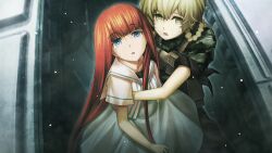 aged_down amane_suzuha amane_suzuha_(beta) ammunition_pouch arm_around_waist black_sash blue_dress blue_eyes blunt_bangs body_armor bow braid breasts brown_hair bulletproof_vest camouflage camouflage_shirt capri_pants child collar_tabs cropped_jacket crying crying_with_eyes_open digital_camouflage dress fg204 floating_hair game_cg green_pants green_shirt hair_rings high_collar highres holding holding_toy huke jacket load_bearing_vest long_hair long_sleeves looking_at_another looking_at_viewer medium_breasts military_combat_uniform military_fatigues military_uniform nervous_sweating non-web_source official_art open_mouth pants pouch red_collar_tabs red_hair restrained ringed_eyes sash shiina_kagari shirt short_sleeves soldier steins;gate steins;gate_0 surprised sweat tearing_up tears tongue toy twin_braids twintails upa_(steins;gate) waist_bow waist_sash white_jacket woodland_camouflage yellow_eyes