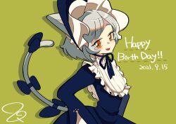 1girl 27_(tsuna) animal_ears blue_bow blue_dress bonnet bow cat_ears cat_girl cat_tail dated dress drop_shadow fang green_background grey_hair happy_birthday long_sleeves looking_at_viewer neck_ribbon open_mouth orange_eyes ribbon shadow short_hair signature simple_background smile solo tail tail_bow tail_ornament tail_ribbon undone_kittens vrchat