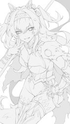 1girl absurdres boots breasts commentary cowboy_shot fangs fingernails gauntlets hair_between_eyes hairband hand_on_own_hip highres large_breasts light_blush long_hair looking_at_viewer lupa_(wuthering_waves) mechanical_ears mikazon open_mouth simple_background sketch smile solo thigh_boots white_background wuthering_waves
