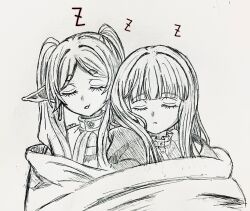 2girls blanket capelet collar commentary_request cuddling earrings elf eyelashes fern_(sousou_no_frieren) frieren frilled_collar frills greyscale hair_over_shoulder highres jewelry kaatan long_hair mixed_media monochrome multiple_girls parted_bangs parted_lips pointy_ears shirt sleeping sleeping_upright sousou_no_frieren straight_hair striped_clothes striped_shirt teardrop_earrings traditional_media twintails upper_body wispy_bangs zzz