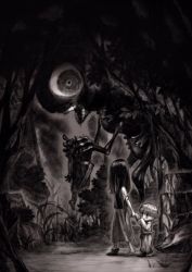 1boy 1girl armor barefoot black_hair bowl_cut creature dress eating fantasy forest guro headless highres horror_(theme) jun_(navigavi) long_hair monochrome monster nature night one_shoe scabbard scared sheath short_hair sketch teeth torn_clothes tree