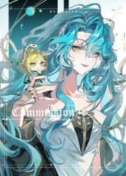 2girls :d absurdres bare_shoulders black_coat blonde_hair blue_background blue_hair coat commission dress fangs fanxiang_kafeiyin green_eyes grey_coat grey_pants hand_up highres hissabeth long_hair looking_at_viewer multiple_girls off_shoulder open_clothes open_coat open_mouth pants pointer_(reverse:1999) red_pupils reverse:1999 short_hair sitting_on_shoulder slit_pupils smile snake snake_on_head solo_focus strapless strapless_dress two-tone_background upper_body very_long_hair watermark white_background white_dress yellow_eyes
