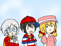 Rule 34 | 1girl, 2boys, ana (mother), baseball cap, black hair, blonde hair, blue eyes, dress, glasses, hat, lastworry111, lloyd (mother), mother (series), mother 1, multiple boys, ninten, nintendo, parody, pink dress, ribbon, shirt, short hair, short twintails, smile, striped clothes, striped shirt, triple baka (vocaloid), twintails