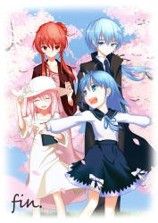 10s 4girls akuma_no_riddle azuma_tokaku blue_hair blue_necktie blue_ribbon blue_skirt bow brown_hair cherry_blossoms collarbone dress eyebrows french_text hair_bow hat highres ichinose_haru if_they_mated long_hair mother_and_daughter multiple_girls necktie pink_hair ponytail ribbon sadumey short_hair_with_long_locks skirt smile white_bow white_dress white_hat yuri