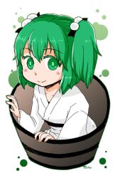 Rule 34 | 1girl, blush stickers, bucket, closed mouth, commentary request, full body, green eyes, green hair, hair bobbles, hair ornament, in bucket, in container, japanese clothes, kimono, kisume, kurumizawa taroh, looking at viewer, short hair, simple background, smile, solo, touhou, two side up, white background, white kimono