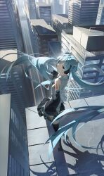 1girl absurdres aqua_eyes aqua_hair black_skirt city closed_mouth detached_sleeves grey_shirt hatsune_miku highres hxbdzj long_hair looking_at_viewer shirt skirt sleeveless sleeveless_shirt smile solo twintails very_long_hair vocaloid