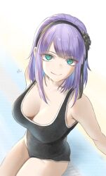1girl aqua_eyes black_flower black_hairband black_one-piece_swimsuit black_rose blue_eyes breasts cleavage closed_mouth collarbone commentary_request dagashi_kashi downblouse flower hair_flower hair_ornament hairband highres looking_at_viewer medium_breasts medium_hair mitsugu one-piece_swimsuit purple_hair ringed_eyes rose shidare_hotaru signature sitting solo swimsuit thighs