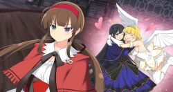 3girls black_hair black_ribbon blonde_hair blue_bow blue_dress blue_eyes boots bow breasts brown_hair cleavage closed_eyes dress feathered_wings game_cg gloves green_eyes hair_bow hair_ribbon hairband halo heart heterochromia highres hug large_breasts long_hair long_sleeves low_twintails multiple_girls neck_ribbon non-web_source official_art one_eye_closed ouroboros poncho red_hairband ribbon ryoubi_(senran_kagura) ryouki_(senran_kagura) ryouna_(senran_kagura) senran_kagura senran_kagura_estival_versus siblings sisters thighhighs tiara twintails white_boots white_dress white_gloves white_thighhighs wings yaegashi_nan