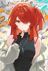 1girl arknights black_gloves black_shirt breasts character_request check_character closed_mouth commentary_request ema_(kuguiema) exusiai_(arknights) exusiai_the_new_covenant_(arknights) fingerless_gloves gloves hair_over_one_eye halo hand_up highres jacket long_hair long_sleeves medium_breasts off_shoulder one_side_up open_clothes open_jacket orange_eyes puffy_long_sleeves puffy_sleeves red_hair shirt sleeveless sleeveless_shirt smile solo upper_body white_jacket