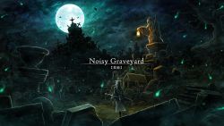 1girl bare_tree braid cross english_text fantasy full_body grave graveyard highres hitodama lantern long_hair night original outdoors sasaki_(sasaki1de0) scenery sheath sheathed stairs statue sword tree weapon