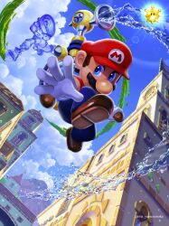 2boys absurdres artist_name blue_eyes blue_overalls blue_pants blue_sky brown_footwear brown_hair building cloud commentary day english_commentary f.l.u.d.d. facial_hair full_body gloves hat highres holding holding_paintbrush lens_flare light_rays male_focus mario mario_(series) mountain multiple_boys mustache nintendo outdoors outstretched_arm overalls paint paintbrush pants red_headwear red_shirt shadow_mario shine_sprite shirt shoes short_hair short_sleeves sky super_mario_sunshine twitter_username v-shaped_eyebrows water water_drop white_gloves yuuma_rimi