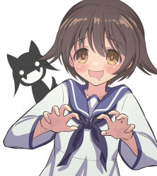 1girl blue_sailor_collar blush brown_eyes brown_hair highres looking_at_viewer miyafuji_yoshika open_mouth sailor_collar school_uniform shionic_zm short_hair silhouette_demon simple_background solo strike_witches upper_body white_background world_witches_series