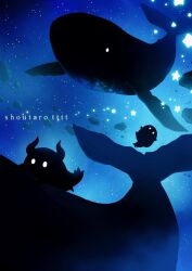 artist_name english_text glowing horns hoshikui night night_sky no_humans orca original rock shoutarou_(shoutarotttt) silhouette sky space star_(sky) star_(symbol) starry_sky whale